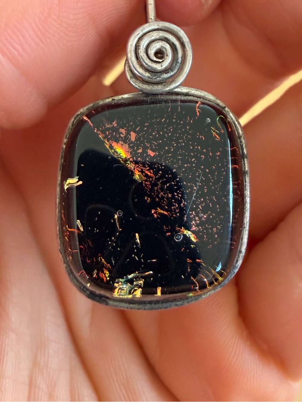 Handcrafted Black Glass Pendant with Iridescent Flecks